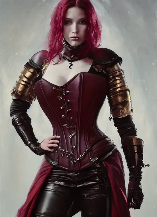 Prompt: portrait of beautiful medieval swedish woman wearing maroon power armor with steel overbust corset. intricate painting by ross tran, magali villeneuve, and jeremy mann.