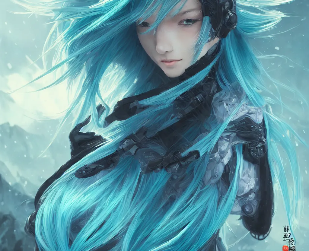 Prompt: portrait light cyan hair ninja gaiden girl, black plus little green ninja wardrobe, at storm snowy fuji mountain sunrise, ssci - fi and fantasy, intricate and very very beautiful, detailed, digital painting, artstation, concept art, smooth and sharp focus, illustration, art by tian zi and wlop and alphonse mucha