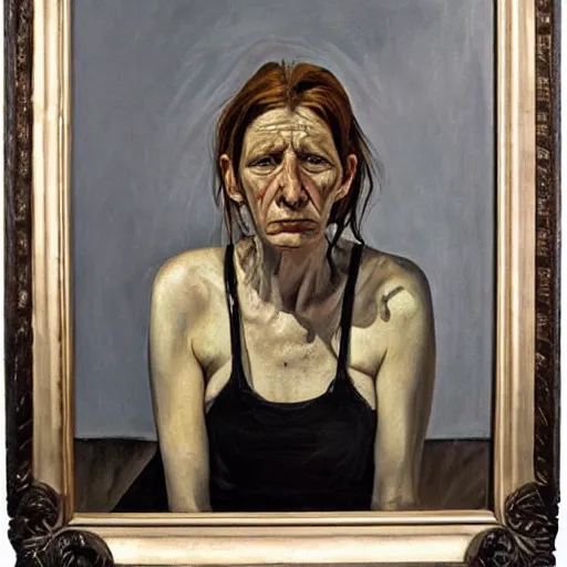 Image similar to Oil painting Portrait of a sad Woman, by Lucian Freud, Abstract brush strokes, Masterpiece