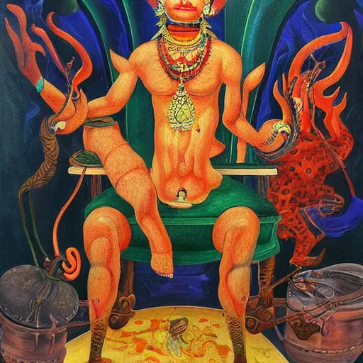 Image similar to a painting of a demon sitting on top of a chair, a detailed painting by ram chandra shukla, pixiv contest winner, bengal school of art, detailed painting, maximalist, art on instagram