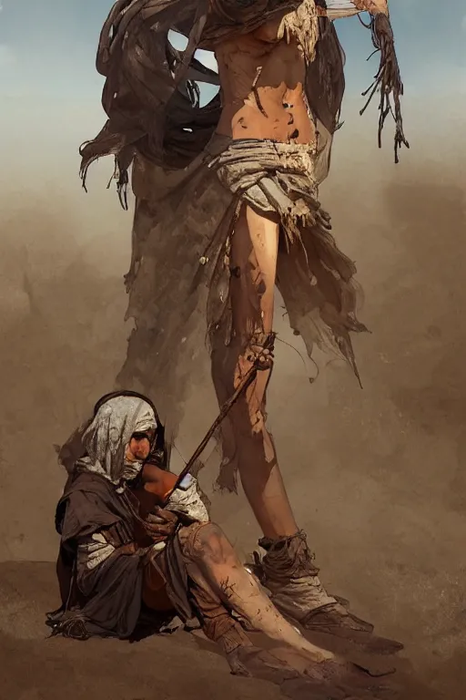 Image similar to a full body portrait of a beautiful post apocalyptic offworld desert bedouin blind barbarian leper laying by the roadside, begging, intricate, elegant, highly detailed, digital painting, artstation, concept art, smooth, sharp focus, illustration, art by krenz cushart and artem demura and alphonse mucha