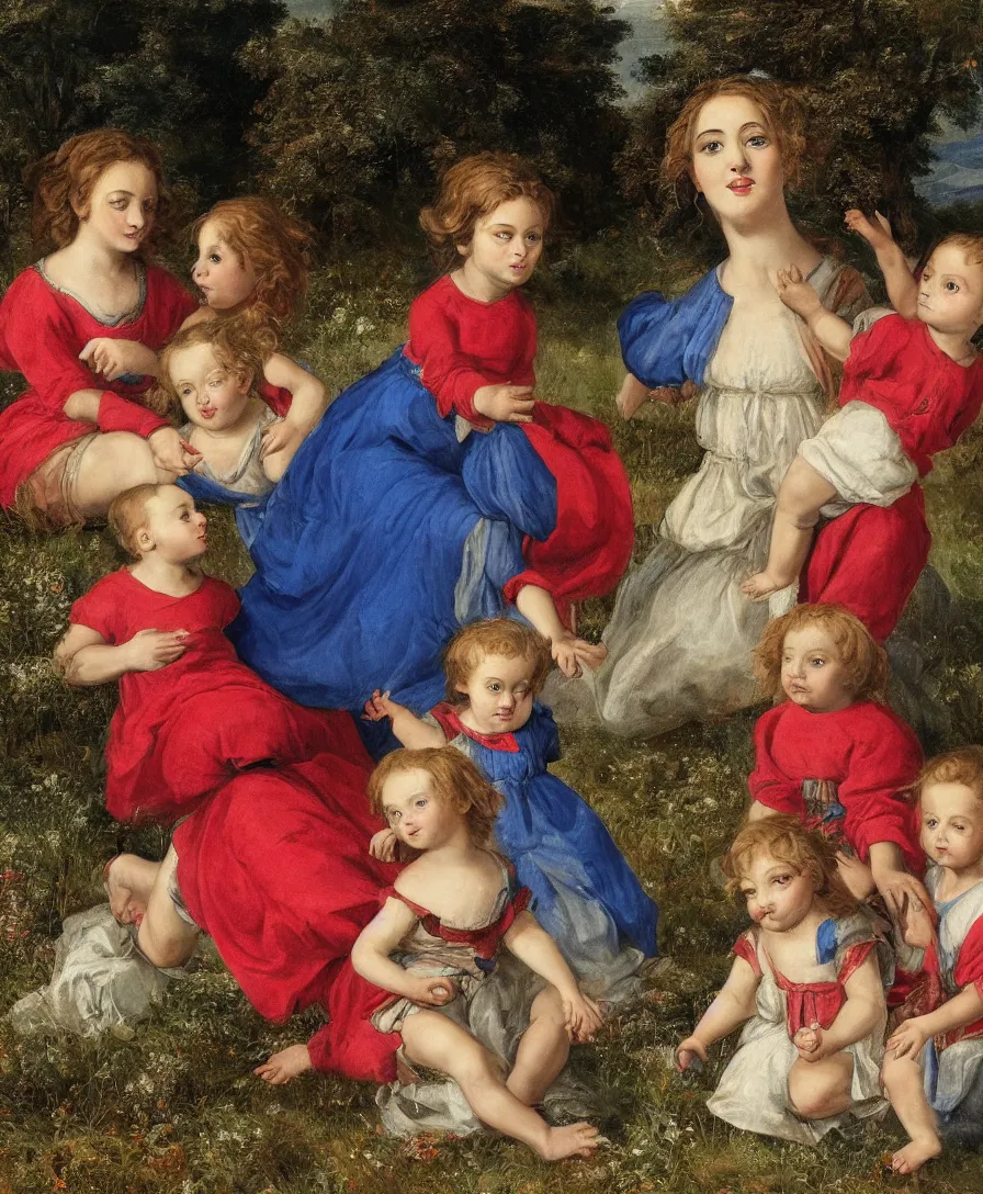 Image similar to Detailed Portrait of beautiful Madonna with blue skirt and a red shirt and two boys playing in the style of Raffael. The boys are very small and only cloth is blue linen. They are sitting in a dried out meadow. In the background, there is a lake with a town and mountains. Flat perspective.