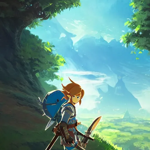 Image similar to link on his most dangerous adventure yet. clean sharp digital art, environment concept art, by rossdraws, ghibli, breath of the wild, greg rutkowski