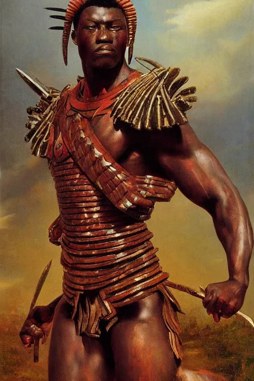 Image similar to a powerful and muscular male african warrior, tribal armour, realistic oil painting by Thomas Cole and Wayne Barlowe