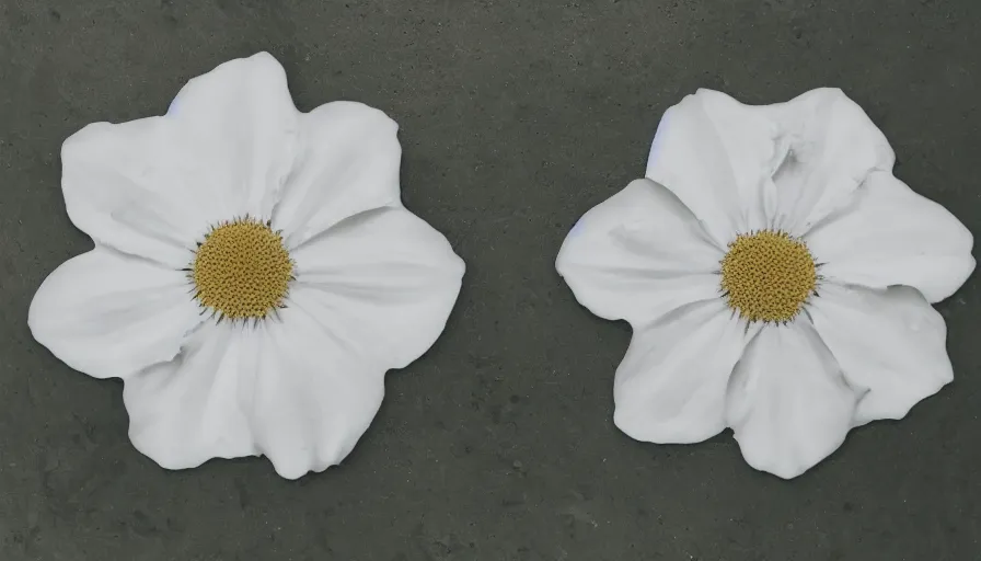 Prompt: a white flower made with milk on a white ceramic floor