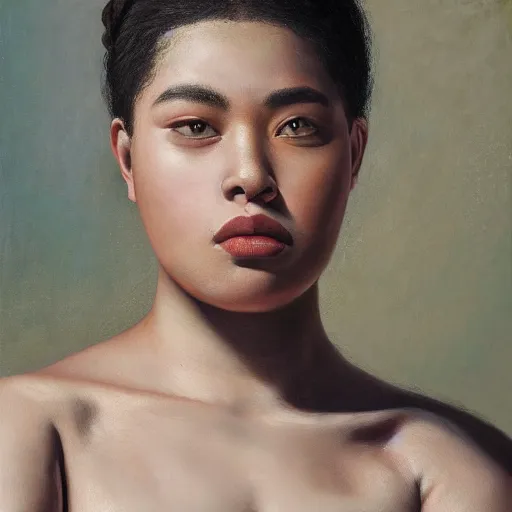 Image similar to A portrait of a powerful and thick beautiful non-binary person, medium tone skin, oil painting, majestic, detailed, high resolution