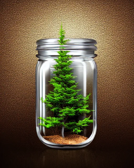 Prompt: glass jar with a miniature tree burning inside, standing on a cliff, bokeh, ocean in the background, metal lid, dramatic lighting, hyperrealistic, volumentric lighting, highly detailed