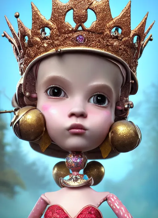 Image similar to highly detailed closeup, profile portrait of a tin toy fairytale princess wearing a crown, bikini, unreal engine, nicoletta ceccoli, mark ryden, earl norem, lostfish, global illumination, detailed and intricate environment