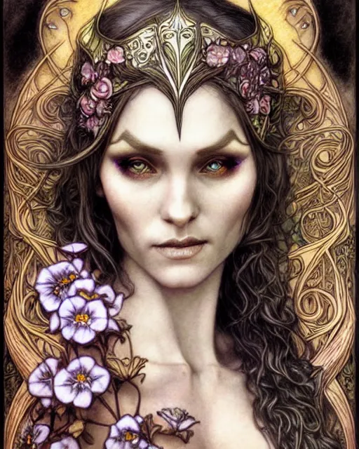 Image similar to elven woman, flowers in hair, fantasy character portrait, ultra realistic, concept art, intricate details, art nouveau, cinematic, highly detailed by boris vallejo, chris achilleos, arthur rackham