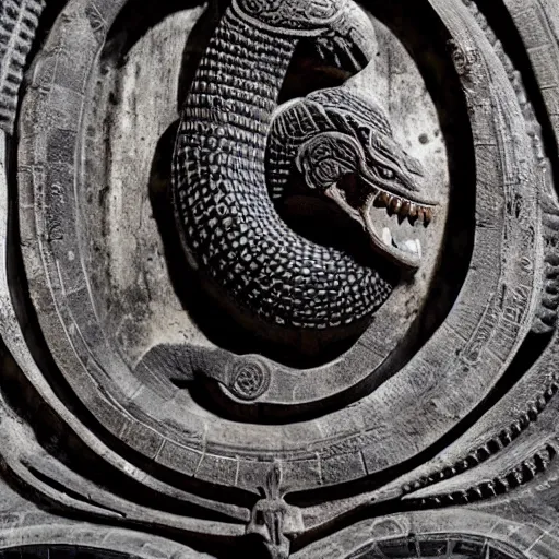 Prompt: serpent king : : grubby, volatile, highly detailed, maximalist : : obsidian carving : : shadows, visual depth, memorial, tomb : :