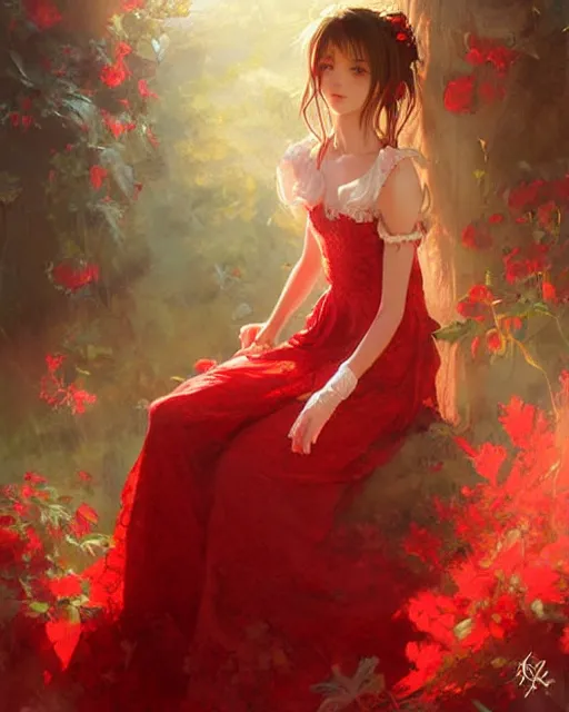 Image similar to aerith gainsborough in red lace skirt, portrait, illustration, rim light, top light, perfectly shaded, soft painting, art by krenz cushart and wenjun lin