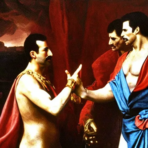 Image similar to freddie mercury shaking hands with julius caesar, painting 4 k masterpiece