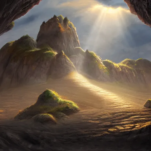 Prompt: A castle resting atop the sand of a large sand cavern with a ray of light shining from a crack above, matte painting, concept art, trending on art station, ultra high quality, detailed