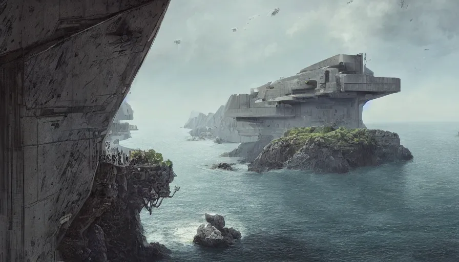 Image similar to coastal perched on a cliff overlooking a magnificient bay, imperial brutalist base, drawing architecture, ultra very long shot, top angle, imperial architecture in rogue one, pritzker architecture prize, brutalism architecture, jan urschel, greig fraser, by james gurney, greg rutkowski, highly detailed digital art, artstation