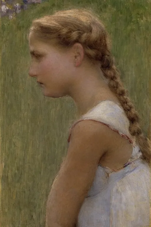 Prompt: profile of blonde girl looking down, braided hair, white dress, side view, before a stucco wall, soft light, jules bastien - lepage