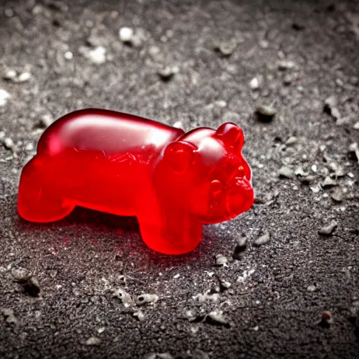 Image similar to gummy bear made from the sins of the father, dark, decrepit, war barren, red, lost, 4 k, octane render