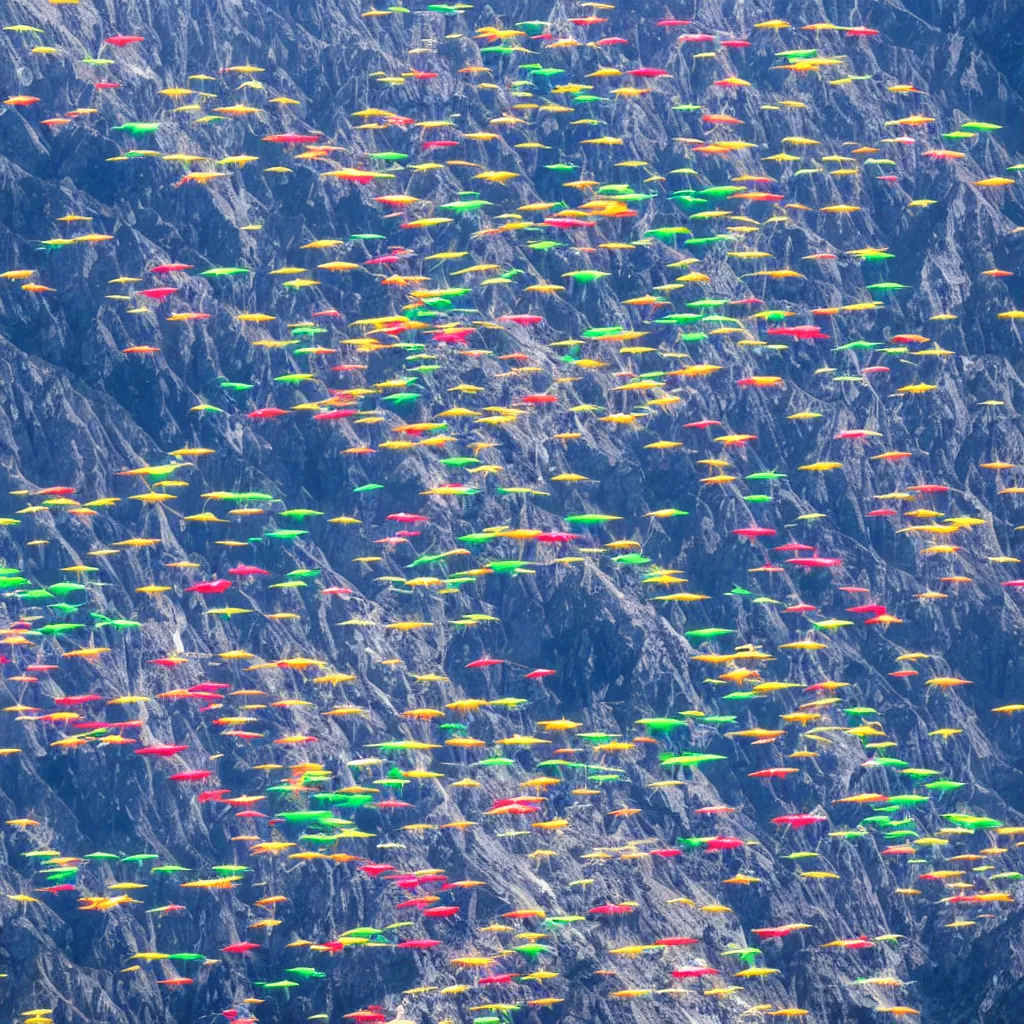 Image similar to sky parade of colorful alien spacecrafts flying over swirling dolomites, birds eye view