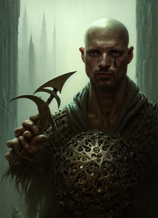 Prompt: closeup portrait shot of a executioner in a dungeon in a scenic dystopian environment, intricate, elegant, highly detailed, centered, digital painting, artstation, concept art, smooth, sharp focus, illustration, artgerm, tomasz alen kopera, peter mohrbacher, donato giancola, joseph christian leyendecker, wlop, boris vallejo