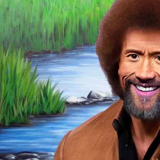 Image similar to dwayne johnson as bob ross, zoomed into his face while he is painting a painting, ultra realistic, hd, 8 k, happy little trees