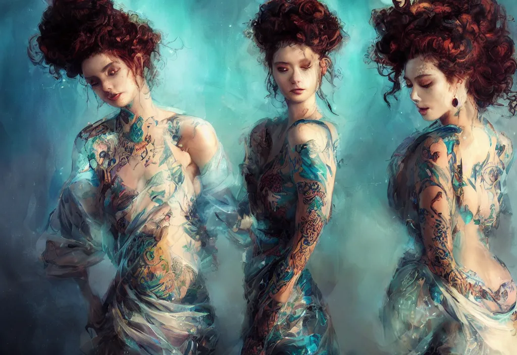 Prompt: full body portrait of a trio of 1 9 years old girl figures, curly messy high bun hairstyle, oriental tattoos, jewelry, subject wearing a high fashion gown, flowing, beautiful, dramatic, cinematic lighting, highly detailed, few vivid turquoise highlights, by ross tran and jeremy mann, artstation, pixiv