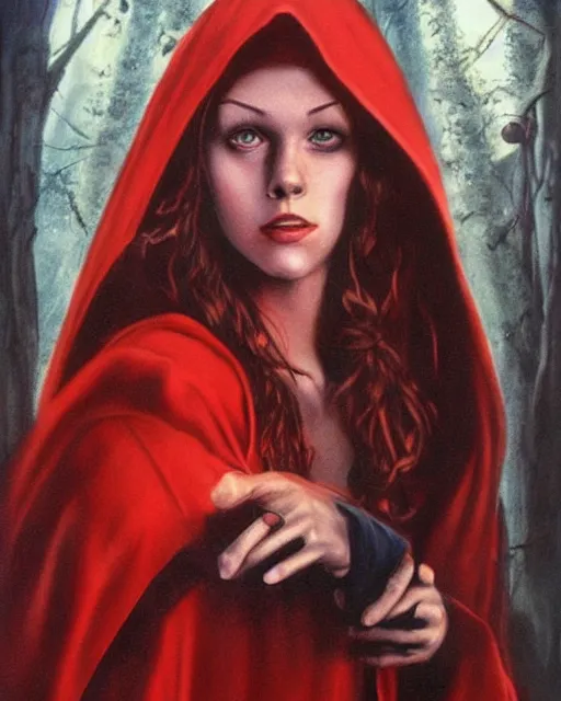 Image similar to little red riding hood, airbrush, drew struzan illustration art, key art, movie poster