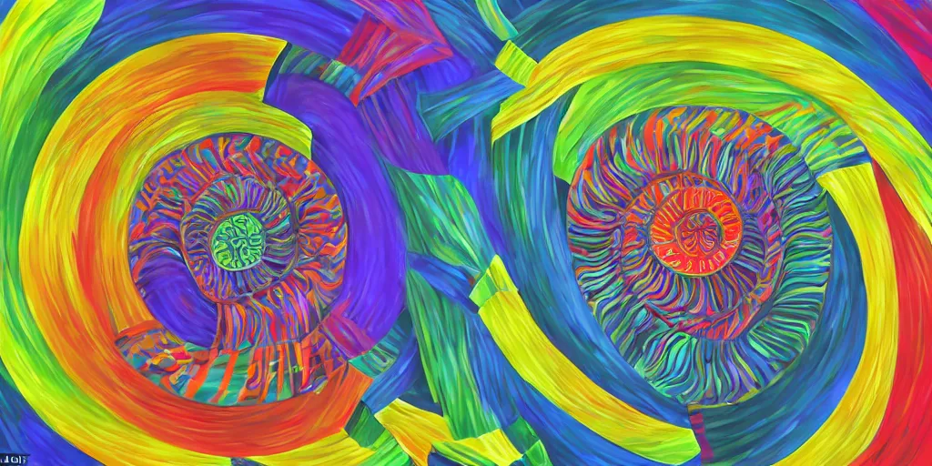 Prompt: an abstract 3d rendering of an abstract by robert delaunay of colorful spirals interacting in complex designs in the fibonacci ratio with smooth color transitions