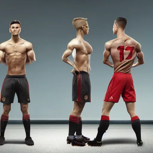 Image similar to a realistic detailed photo of a guy who is an attractive humanoid who is half robot and half humanoid, who is a male android, attractive and handsome soccer players, shiny skin, posing like a statue, blank stare, in a factory, on display, showing off his muscles, wearing soccer shorts, side view, looking at each other mindlessly