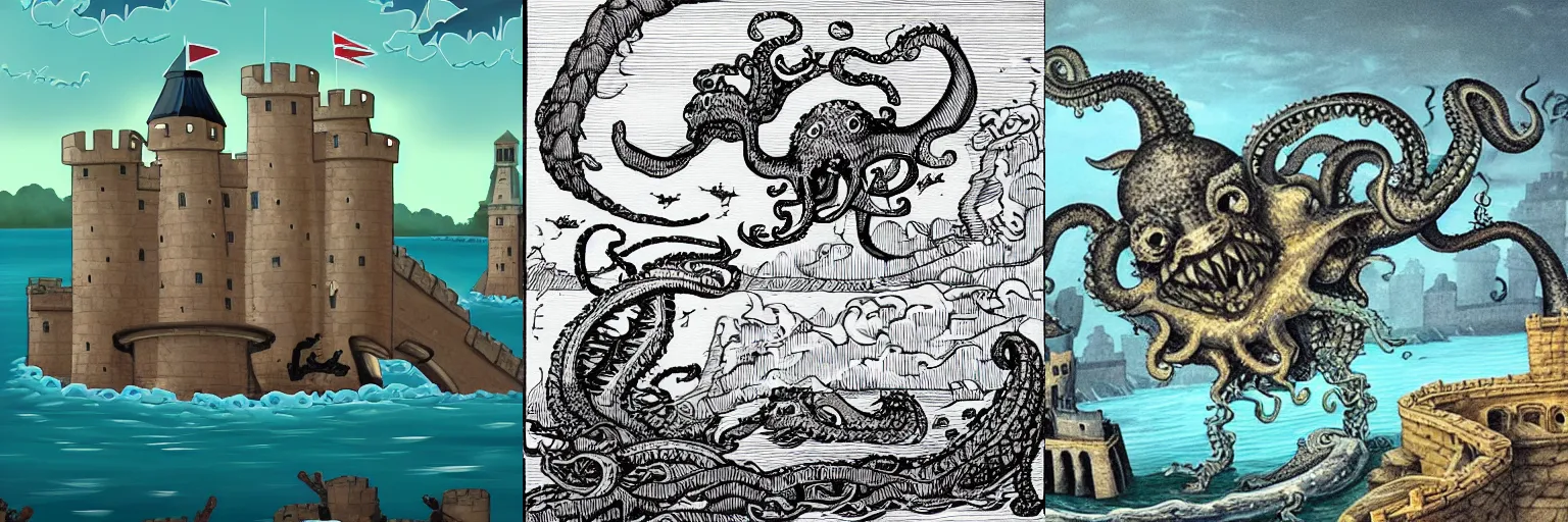 Prompt: kraken eating a medieval castle