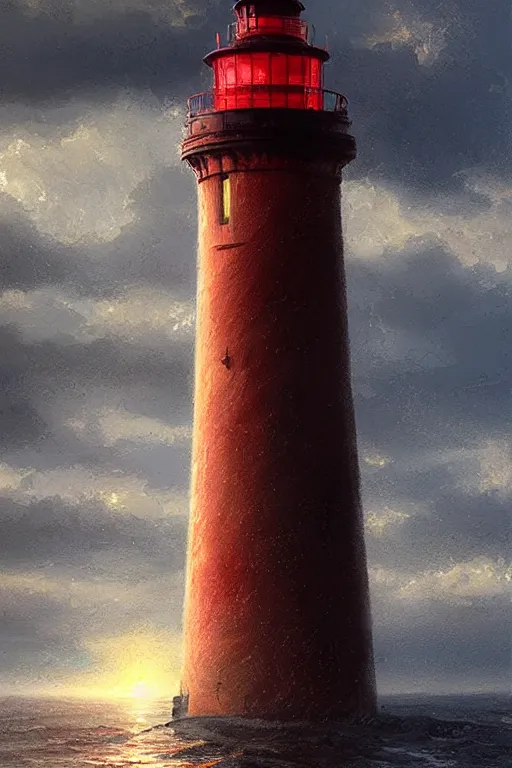 Image similar to imagine a ship in a bottle but instead of a ship a lighthouse is in the bottle, red and white lighthouse, dramatic lighting, masterpiece painting by greg rutkowski