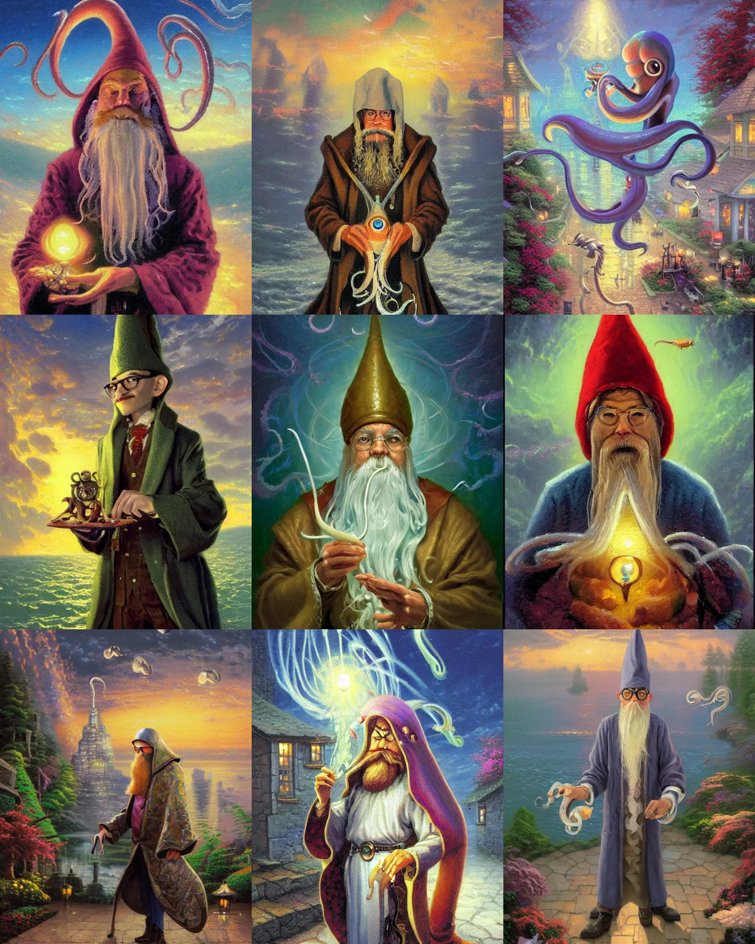 Prompt: portrait of a squid wizard, painting by thomas kinkade