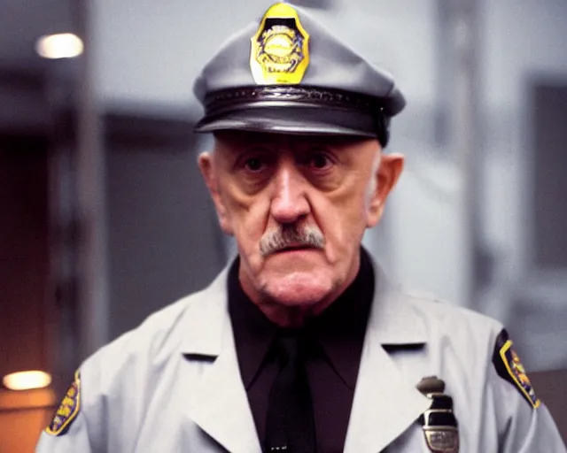 Image similar to mike ehrmantraut as a police officer, cinematic lighting, atmospheric portrait cinematography