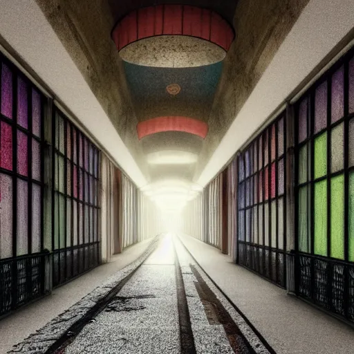 Image similar to a long colorful asylum hallway, one point perspective, vanishing point, symmetrical composition, rich colors, dramatic lighting, by lee madgwick, photorealistic, v - ray render 8 k uhd