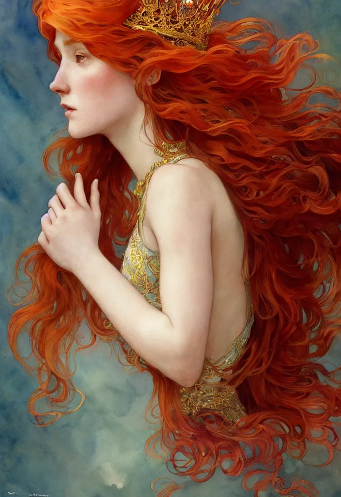 Prompt: beautiful watercolor painting of a young red hair woman wearing a crown of long golden fish, intricate, elegant, highly detailed, digital painting, artstation, concept art, smooth, sharp focus, art by krenz cushart and artem demura and alphonse mucha, dynamic lighting, full body shot, ultrarealistic, cinematic, octane render, 8 k