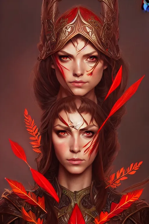 Image similar to female elven hunter armor made of red leaves, fantasy, amber eyes, face, long hair, intricate, elegant, highly detailed, digital painting, artstation, concept art, smooth, sharp focus, illustration, art by artgerm and greg rutkowski and alphonse mucha