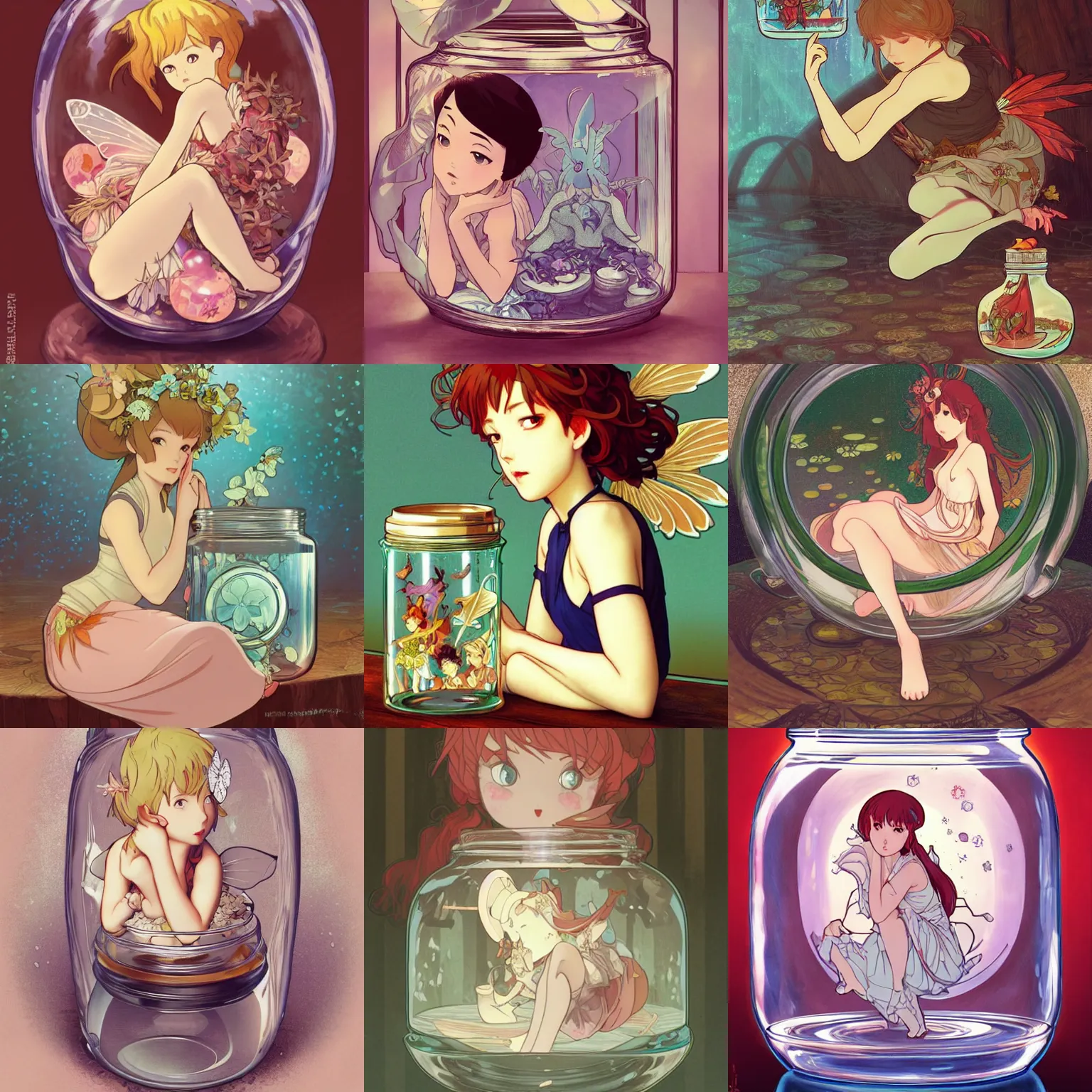 Prompt: A pouting fairy sitting inside a jar on a table, fantasy, highly detailed, artstation, digital illustration, concept art, by Kyoto Animation and Studio Ghibli, by Ilya Kuvshinov and Alphonse Mucha