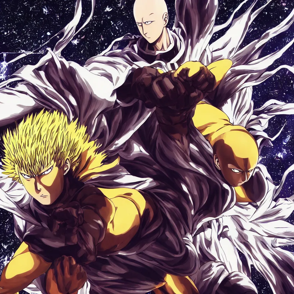 Image similar to one punch man Garou made of stars, art by Yusuke Murata,centre composition, cinematic, trending on artstation, low level, 4K UHD image,