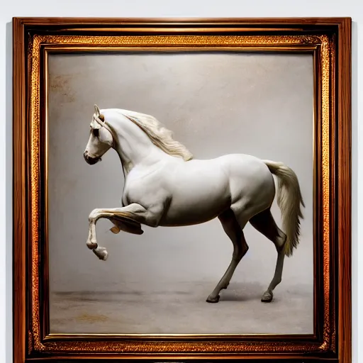 Image similar to an all white horse, with no facial features, like a white mask pulled over their face, full body laying in a blood red pool of water between a golden mirror frame, inspired by the bohemian grove sacrifice ritual and outside the mirror frame is a deep space, physically accurate, dynamic lighting, intricate, elegant, highly detailed, very very Roberto Ferri, sharp focus, very very unsettling, very terrifying, illustration, art