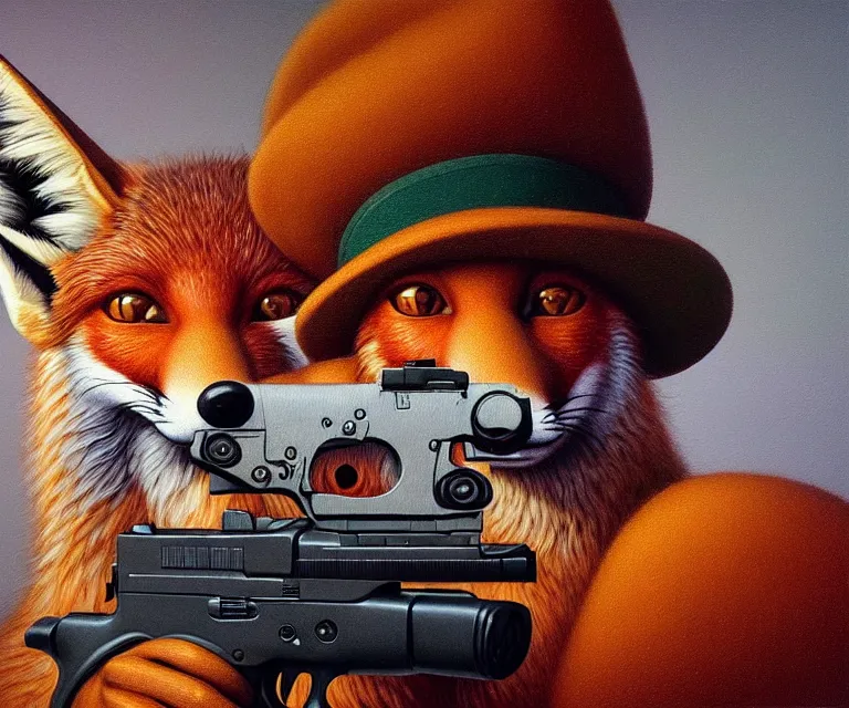 Image similar to hyper detailed 3d render like a Oil painting - portrait of an anthro fox wearing a beret and pointing a glock at the camera, by Jacek Yerka, Mariusz Lewandowski, Houdini algorithmic generative render, Abstract brush strokes, Masterpiece, Edward Hopper and James Gilleard, Zdzislaw Beksinski, Mark Ryden, Wolfgang Lettl, hints of Yayoi Kasuma, octane render, 8k