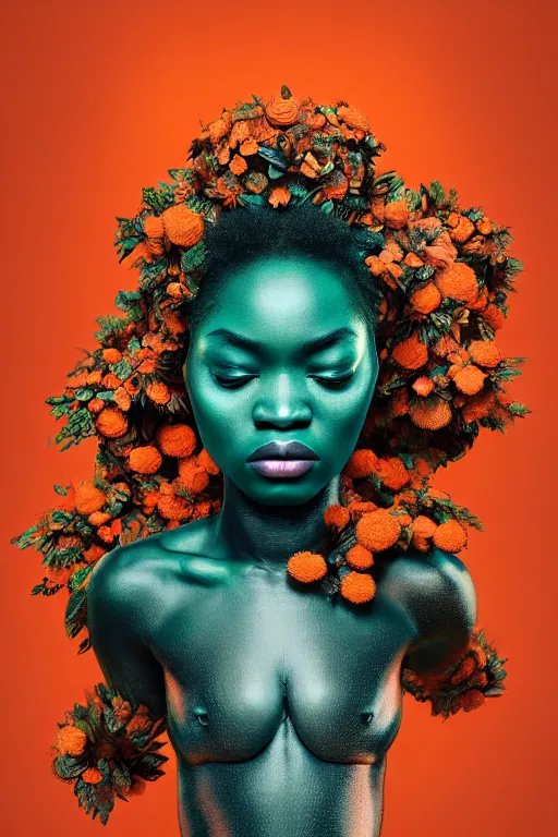 Prompt: hyperrealistic post - rococo cinematic super expressive! yoruba goddess with exoskeleton armor, merging with tree in a forest, pink orange flowers, highly detailed digital art masterpiece, smooth cam de leon eric zener dramatic pearlescent soft teal light, ground angle hd 8 k, sharp focus