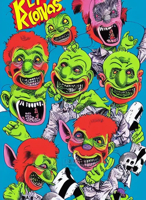 Image similar to illustration of Killer Klowns from outer space by Ed Roth, rat fink style, detailed