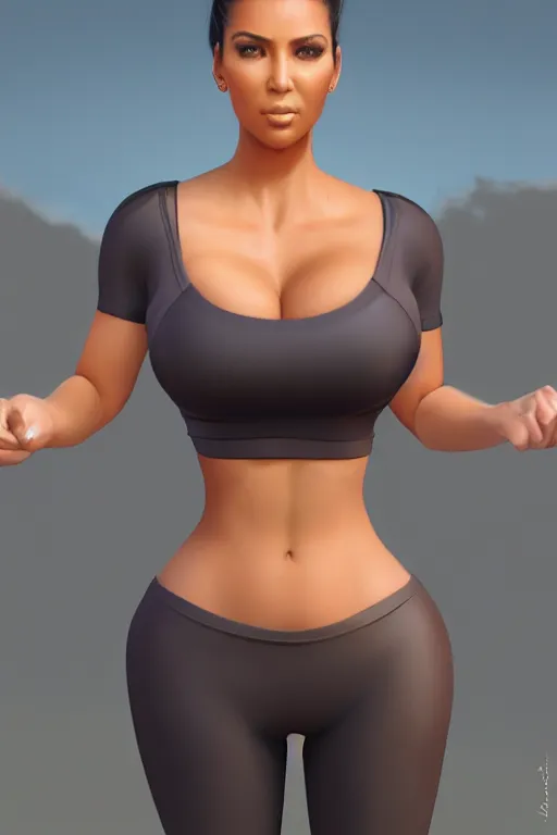 Prompt: photorealistic 3 d render of kim kardashion as an impossibly curvy anime girl wearing a gym outfit, by artgerm and earl norem, featured on pixiv, booru, exaggerated proportions, high resolution digital art, 4 k, beautiful symmetric face, subsurface scattering, volumetric lighting, realistic skin texture