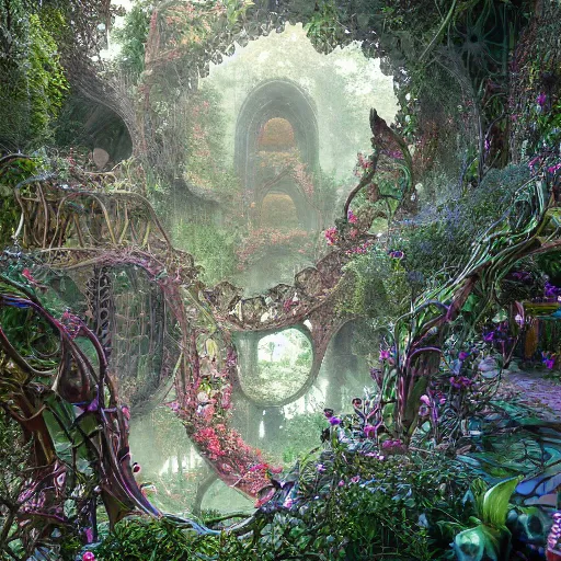 Image similar to photograph art overgrowth geometric cryengine render digital art by james christensen, john stephens, antoni gaudi