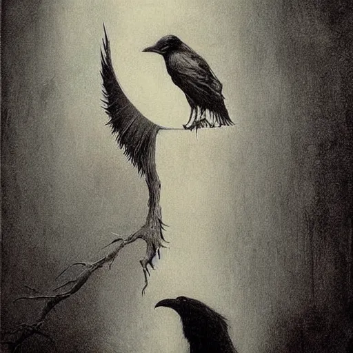 Prompt: grunge drawing of a crow by - Zdzisław Beksiński , corpse bride style, horror themed, detailed, elegant, intricate