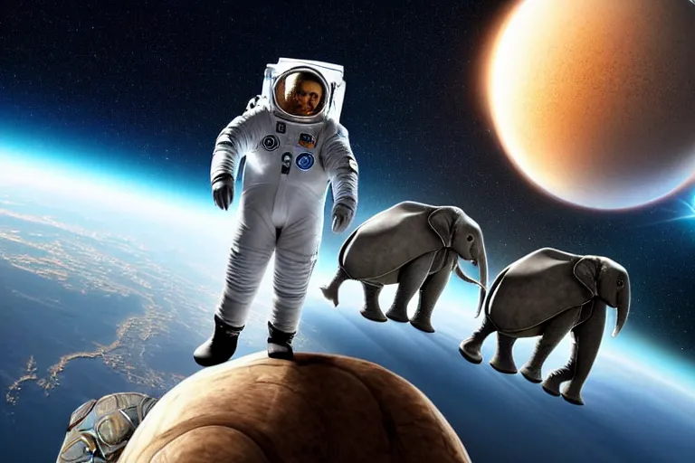 Image similar to still fullbody photo of sad albert einstein in spacesuit in space, flat earth on elephants and turtle at background, highly detailed, photorealistic shot, bright studio setting, studio lighting, crisp quality and light reflections, unreal engine 5 quality render