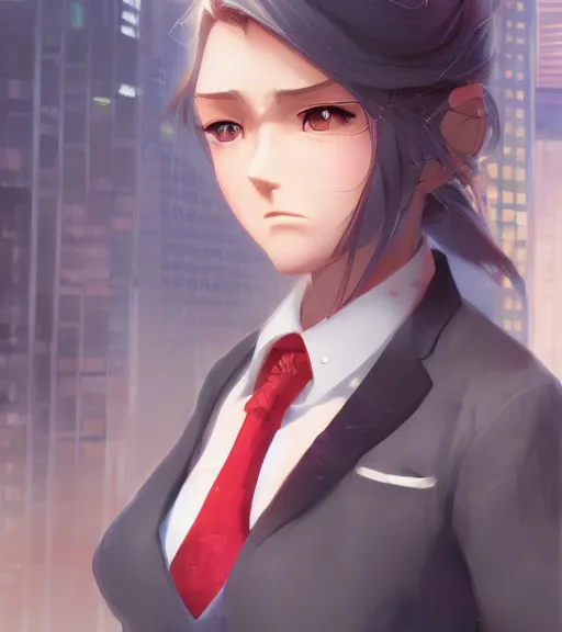 Image similar to a girl in a business, close up, sharp focus, red necktie, grey hair, serious expression, city background, digital painting, by tran ross and jordan grimmer and greg rutkowski, anime art, artstation, hd, smooth,