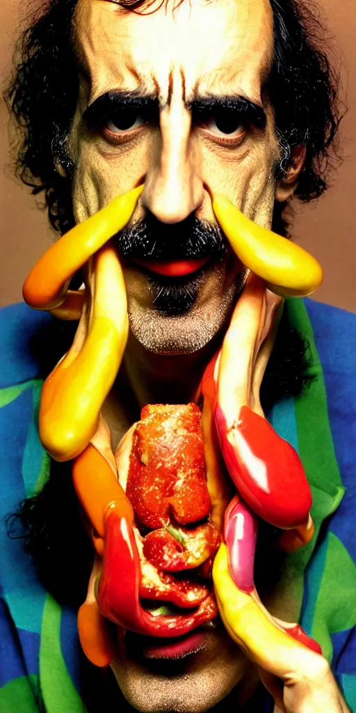 Image similar to award winning photo of frank zappa eating himself, vivid colors, happy, symmetrical face, beautiful eyes, studio lighting, wide shot art by Sally Mann & Arnold Newman