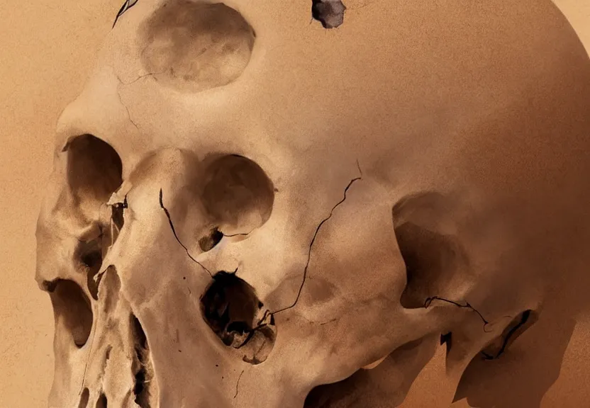 Image similar to close shot of a human skull buried in the sahara desert sand, a realistic digital painting by greg rutkowski and james gurney, trending on artstation, highly detailed