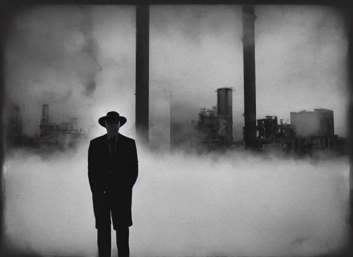 Image similar to mysterious man in suit and hat wrapped in cigarette smoke, in a big industrial city metropoli with a cloudy sky, polaroid artistic photo