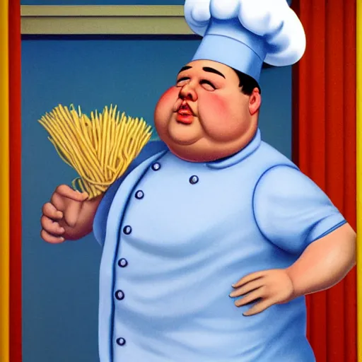 Image similar to a very fat chef offers you pasta by Raphael, Hopper, and Rene Magritte. detailed, romantic, enchanting, trending on artstation.