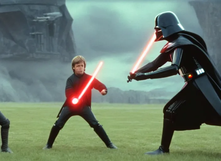 Prompt: film still of Darth Vader plays catch with Luke Skywalker in the new Star Wars movie, 4k